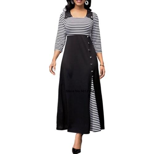 2020 Spring Autumn Casual Striped Patchwork Long Maxi Dress Long Sleeve 3XL 4XL 5XL Large Size Fake Two Piece Button Dresses