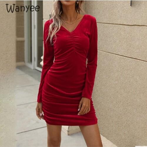 New Fashion Sexy Gold Velvet V-Neck Long-Sleeve Dress Clothes Lady 2021 Female Evening Clothing Solid Color Tight Fitting Slim