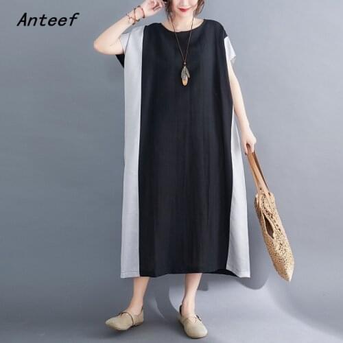 Short sleeve cotton linen plus size vintage patchwork dresses for women casual loose long summer dress elegant clothes 2021