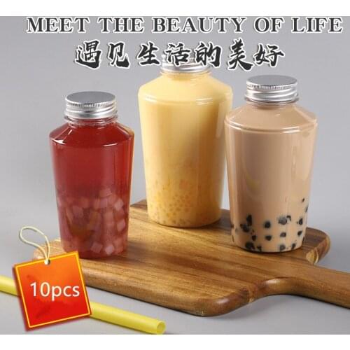 10pcs Net red transparent yogurt cup birthday party favors milk tea cup PET plastic cold drink ice coffee packaging cup with lid