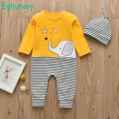 2Pcs Newborn Baby Boys Girls Cartoon Elephant Print Romper Long Sleeve Jumpsuit+Hat Infant Clothing Set Toddler Clothes Outfits