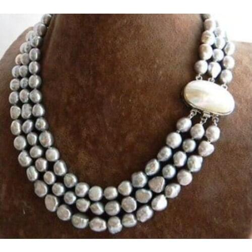 3Strands 18'' 9mm Gray Baroque Freshwater Pearl Necklace