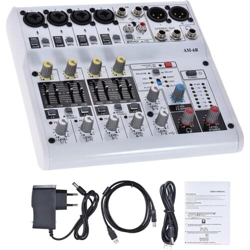 Ammoon 6-Channel Audio Mixer Digital Mixing Console Built-in 48V Phantom Power Powered by 5V Power Bank with Adapter USB Cables