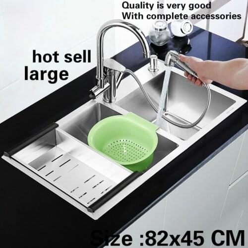 Free shipping Household large luxury kitchen manual sink double groove 304 stainless steel hot sell 82x45 CM