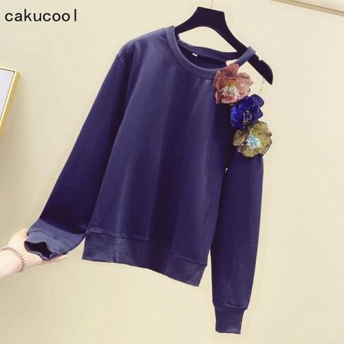 Cakucool 3D Florals Sweatshirt Women Long Sleeve O neck Hoodies Sequined Off Shoulder Blue Pullover Loose Casual Hoodies Female