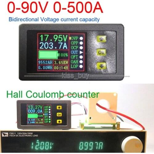 DC 90V 0-500A Battery Monitor Digital METER Hall coulomb Volt Ammeter Power AH Remaining Capacity temperature charge discharge