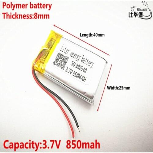 Good Qulity 3.7V,850mAH,802540 Polymer lithium ion / Li-ion battery for TOY,POWER BANK,GPS,mp3,mp4