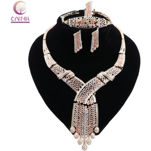 CYNTHIA Classic Dubai Jewelry Sets Charm Bridal Crystal Necklace Earrings Ring Bracelet Ethiopian Women Wedding Jewelry Set