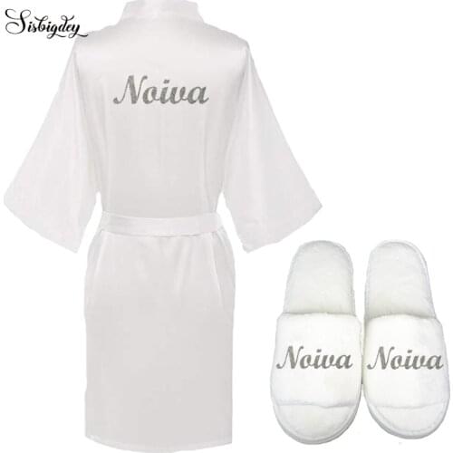 2pc set of glitter silver noiva robe Portuguese bride short robe slippers bridal Portugal satin kimono Madrinha women robes