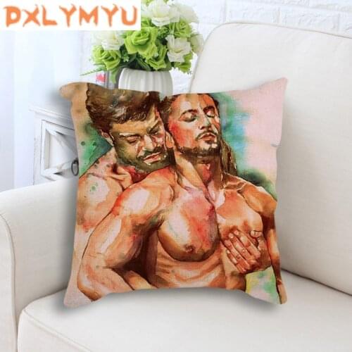 Angel Wings Gay Kissing Couple Nude Art Decoration Sofa Throw Pillow Case Decorative Cotton Linen Cushion Cover 45x45cm