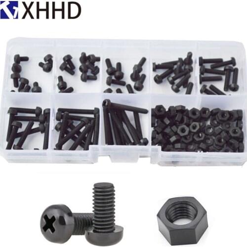 M3 Phillips Black Nylon Pan Head Screw Nut Cross Recessed Round Head Metric Thread Plastic Machine Bolt Set Assortment Kit Box