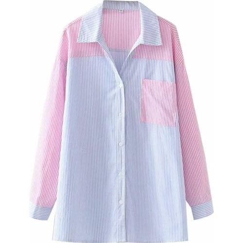 Merodi Women Fashion Patchwork Color Striped Print Long Shirts Summer Casual Long Sleeve Pocket 2021 New Girls Loose Blouse