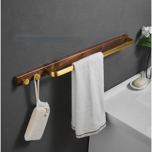 Black Walnut Single Pole Hotel Towel Rack Household Bathroom Towel Rack with 2 Hooks Kitchen Wall Hanging Gold Storage Rack