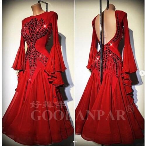 Ballroom competition dance dresses NEW Design Woman Modern Waltz Tango Dance Dress standard sexy dress Flare Sleeve red stones