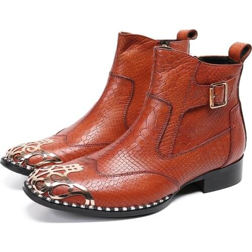 Handmade Plus Size Mens Brown Ankle Boots Snakeskin Grain Leather Man Buckle Short Boots Business Wedding Party Botas De Hombre