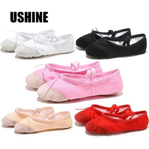 USHINE Cloth/Leather Head Red Black Pink White Yoga Slippers Gym Teacher Yoga Flat Canvas Ballet Dance Shoes Kids Children Woman