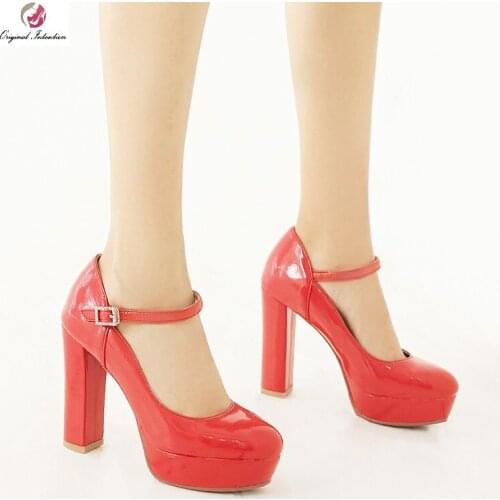 Elegant Women Pumps Wedding Party Heels Shoes Sexy Fashion Platform Pointed Toe Square Heel Buckle Strap Shoes Women Size 33-43