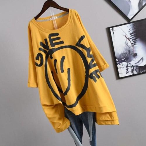 Summer 2021 Smiley Face Pattern T-shirt Distressed Loose Oversized Cotton Short Sleeve T Shirt Women Top Tee