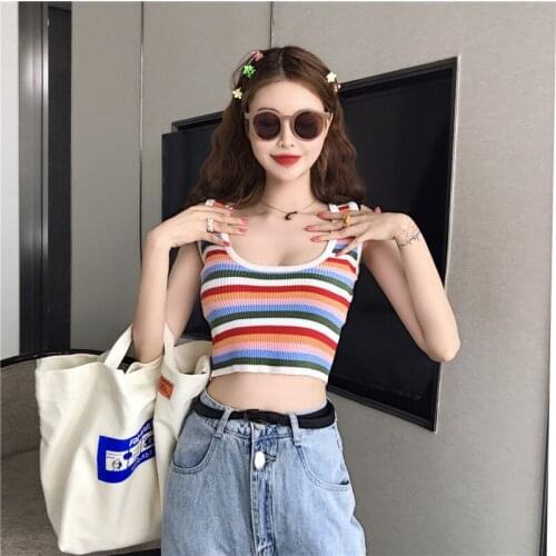 Women Summer Backless Brief Tank Top Sweet Rainbow Stripe Off Shoulder Knitted Crop Tops