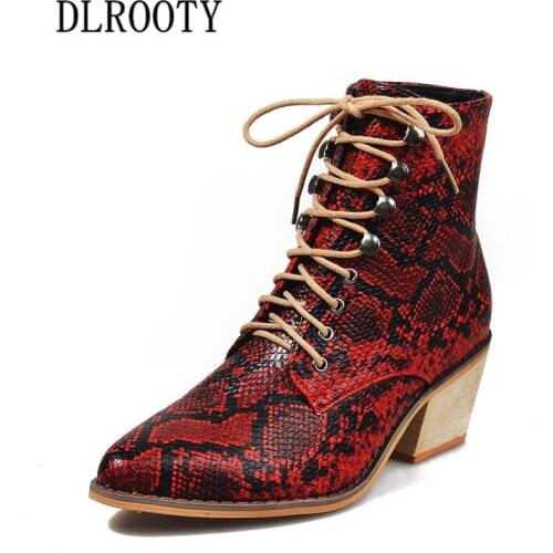 Women Ankle Boots Snake Shoes Autumn Fashion Thick Heel Lace Up Ladies Female Pumps Pointed Toe Casual Plus Size 35-43