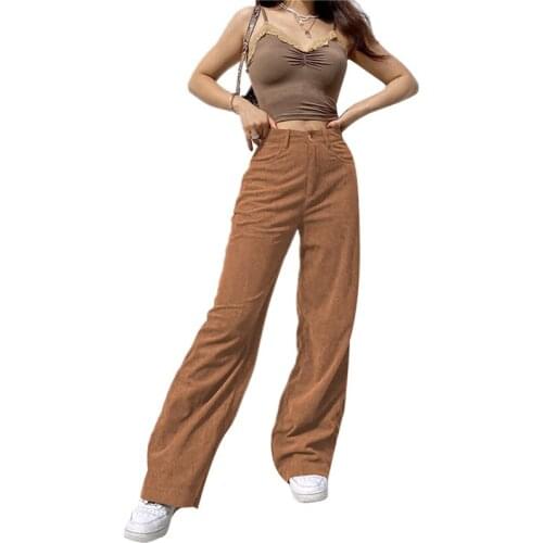 Xingqing Women High Waist Y2K Corduroy Loose Pants Vintage Zipper Straight Leg Baggy Trousers Casual Hipster Streetwear