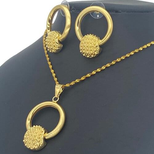 Dubai Gold Color Ethiopian Bride Wedding Jewelry Sets Pendant Necklaces Earrings Women girl Eritrean African Party Gifts