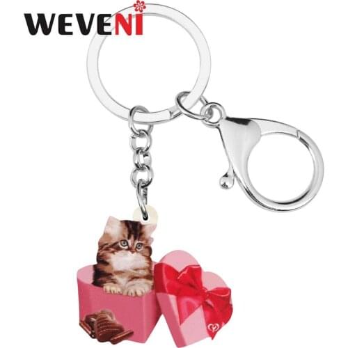 WEVENI Acrylic Valentines Day Gift Box Cat Key Chains Rings Animal Keychains For Women Girl Teen Bag Car Purse Decorations Gift