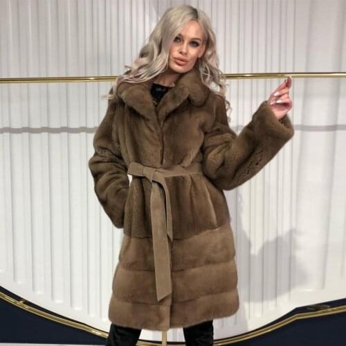 BFFUR 2021 Fashion Real Fur Coat Women Mink Fur High Quality Luxury Middle Length Natural Genuine Hooded Mink Coat with Belt