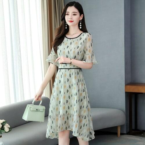 Elegant Fashion Print Chiffon Beach Dresses 2021 Summer Vintage 3XL Plus Size O-Neck Midi Sundress Party Bodycon Women Vestidos