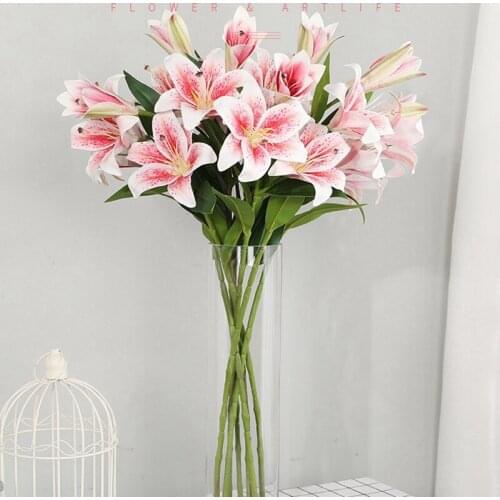 Artificial Lily Flowers Full Bloom Fake Latex Real Touch Artificial Flower Bouquets with 3 Heads Wedding Party Decor Home Decor