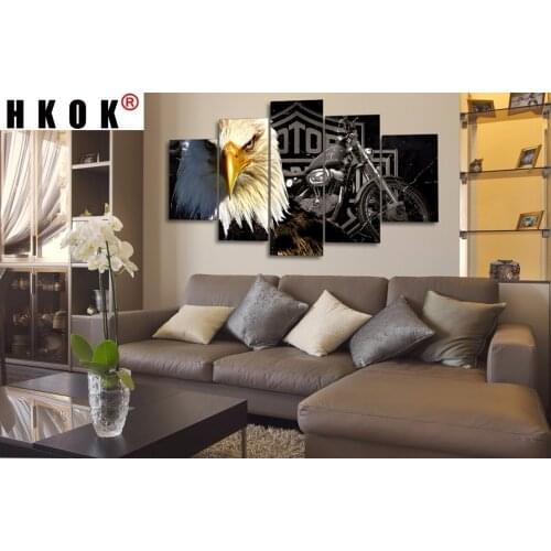 HKOK Canvas Paintings 5Panels Eagle Motorcycle Animal Posters Wall Art Modern Modular Pictures Home Decor Living Room No Framed