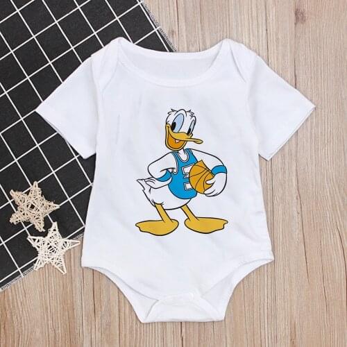 Cartoon Kawaii Donald Printed Baby Clothes Summer White Newborn Infant Jumpsuits Baby Boys Girls Toddler Bodysuit Dropship