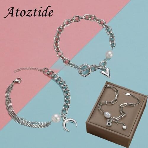 Atoztide OT Buckle Peach Heart Moon Pendant Pearl Stitching Chain Bracelet Set Stainless Steel Adjustable Bangles Women Jewelry