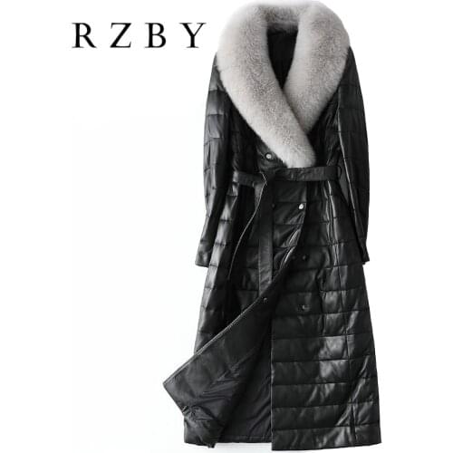 Women 100% real sheep skin leather coat fox fur collar coat winter fashion new style Long leather down jacket ladies long coat