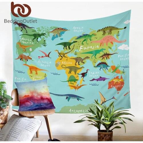 BeddingOutlet Dinosaur Tapestry Jurassic Wall Hanging World Map Wall Carpet Blue Green Cartoon Decoration For Kids Drop Ship