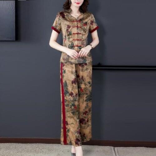 Retro Plus Size 2 Piece Set Women Summer Clothes For Women 2020 Print Top And Wide Leg Pants Floral Vintage Elegant Suit AA5542