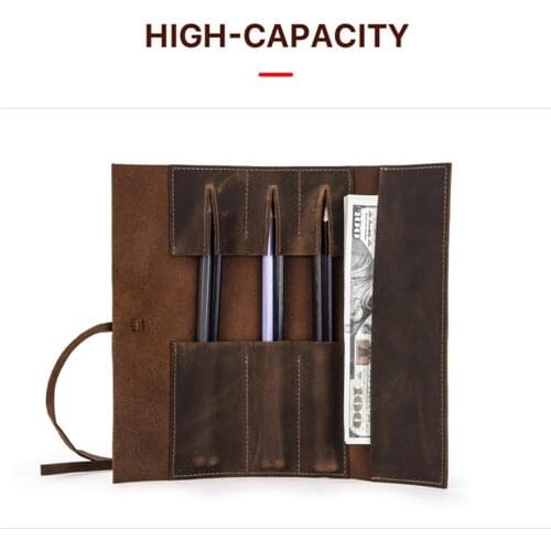 Genuine Leather Roll Pen Pouch Vintage Roll-Up Pencil Case Storage Bag Pen Curtain Protection Pouch