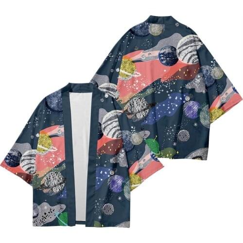 Summer Star Planet Pattern Shirt Digital Colorblock Printing Loose Size Seven Sleeve Kimono Cardigan Mens Coat