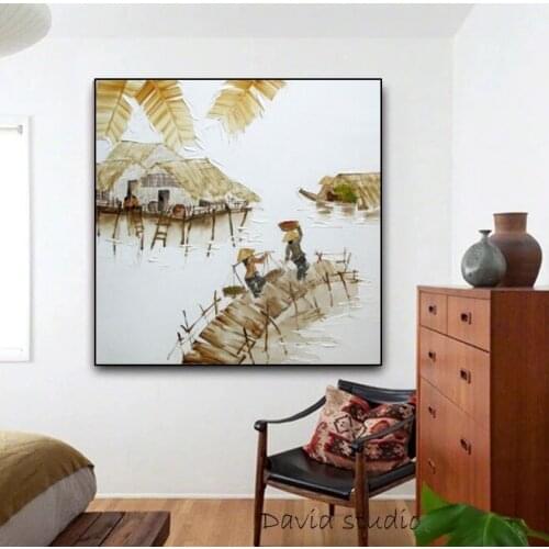 Hand Pained Knife Painting Abstract Art Fishing in Vietnamese Art for Living Room Wall Decoration