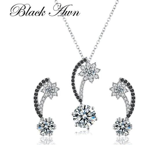 Wedding Jewelry Sets Genuine 925 Sterling Silver Black&White Stone Pendant Necklaces Stud Earrings PT094