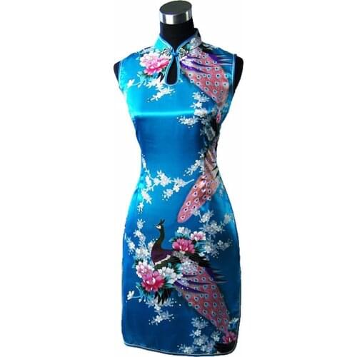 Light Blue Chinese Womens Rayon Silk Mini Cheong-sam Qipao Dress Flower S M L XL XXL J5140