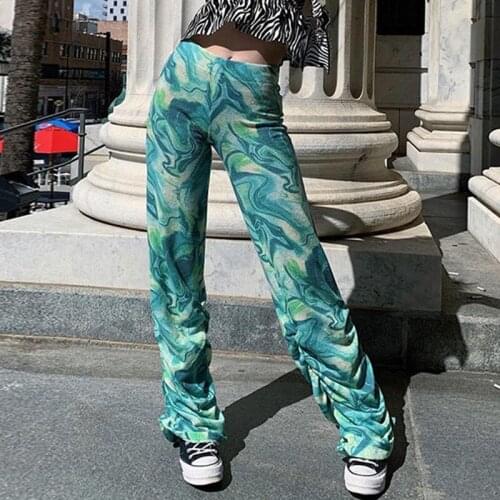 Uclio Womens Printed High-Waisted Trousers with Hips Trendy Straight Casual Pants Green