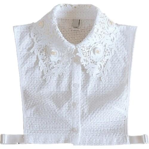 Women Elegant Faux Pearl Floral Lace Lapel False Collar Plaid Jacquard Detachable Half Shirt Blouse Decorative Dickey