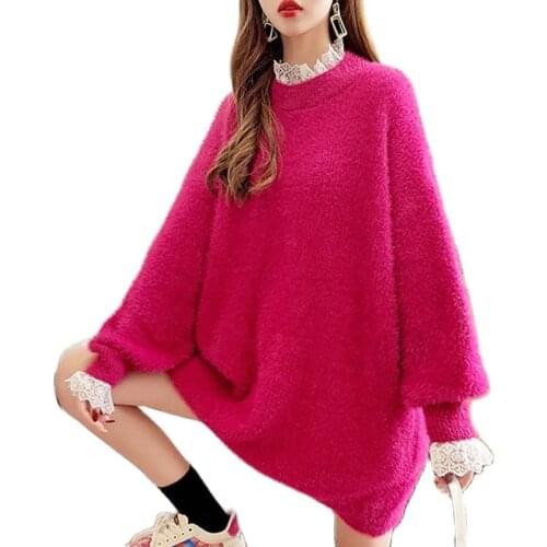 Womens Clothing 2021 Autumn/Winter Korean Fashion New Mink Fleece Lace Sweater Thickened Large Size Lazy Style Sweater