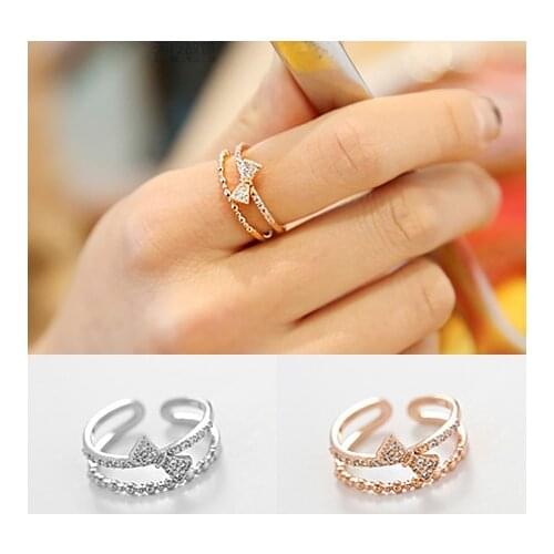 925 Sterling Silver bowknot zircon Open Rings For Women fashion Prevent Allergy Sterling-silver-jewelry