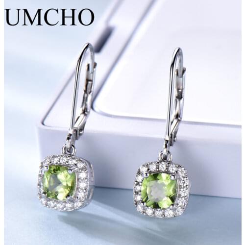 UMCHO Genuine Sterling Silver Drop Earrings For Women Natural Peridot Earrings Long Earrings Brand Fine Jewelry Engagement Gift
