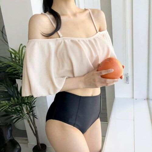 Womens Two Pieces Swimsuit Solid Halter Off Shoulder Ruffled Padded Wire Top with Black High Waist Bottom Tankini Set