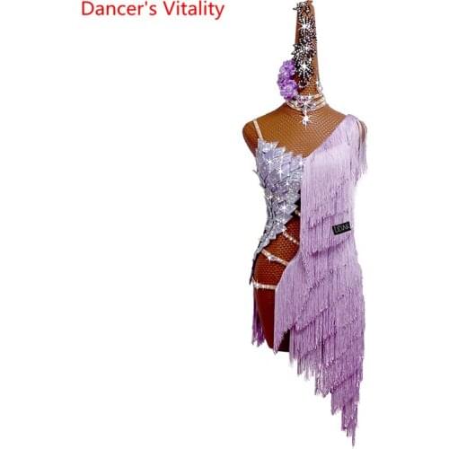 Latin Dance Competition Dress Female Adult High-end Custom Tassel Flash Diamond Dancing Skirt Professional Competition Costume