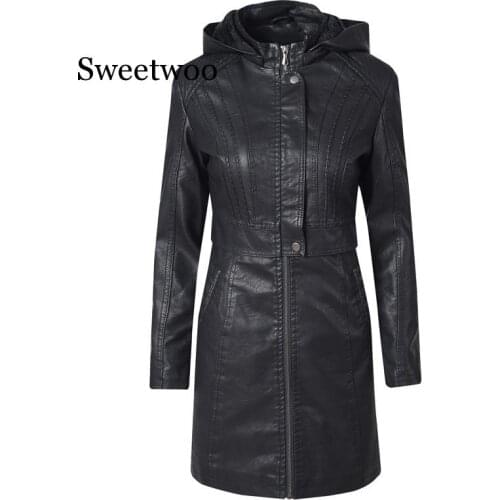 2020 Fashion Leather Coats Womens Spring Autumn Clothing Long Section Slim PU Leather Jacket S-XL Brown Black Coffee