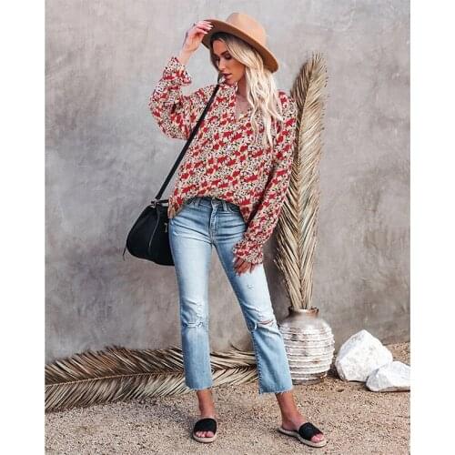 2021 Ladies Early Autumn Casual Shirt Adult Chiffon Long Sleeve Floral Printed V-neck Single Row Button Thin Shirt Green/Red